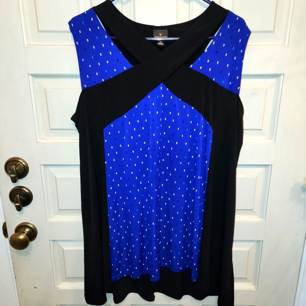 WORTHINGTON 1X purple  black Poly Spandex flowing & cool short sleeve Dressy top